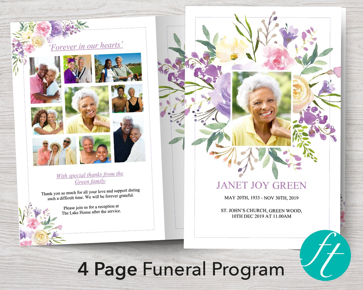 4 Page Purple Burst Funeral Program Template