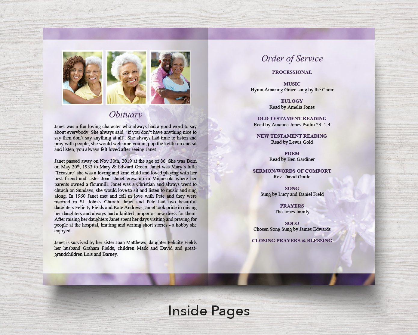 4 Page Purple Flowers Funeral Program Template