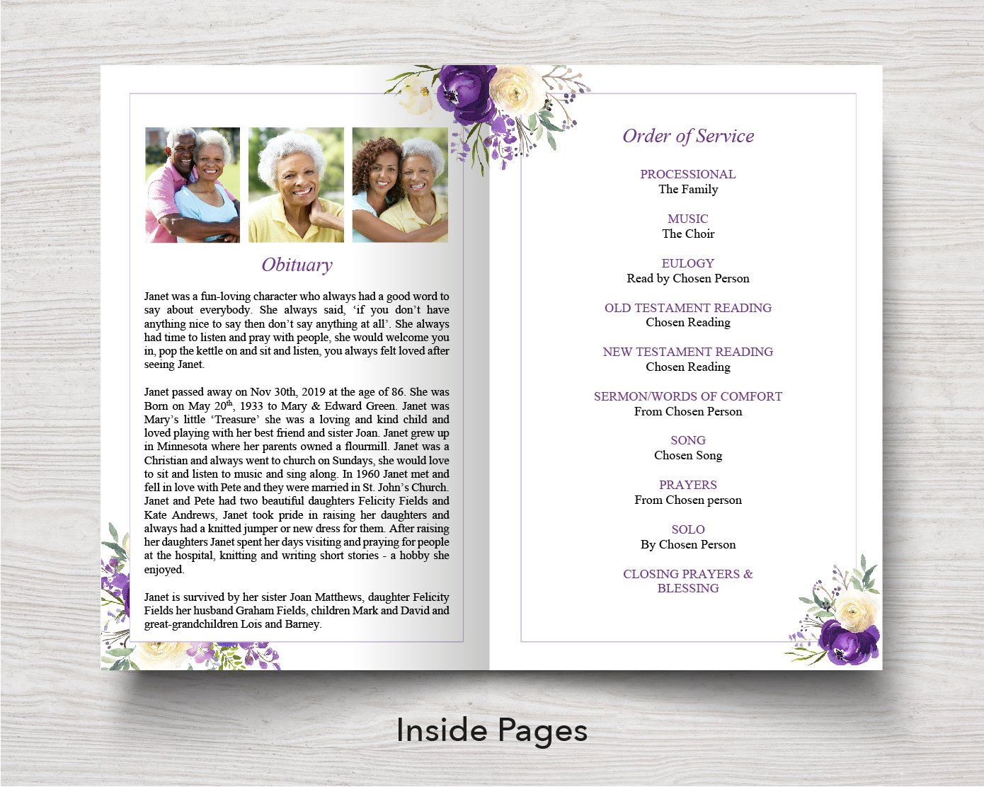 4 Page Purple Posy Funeral Program Template