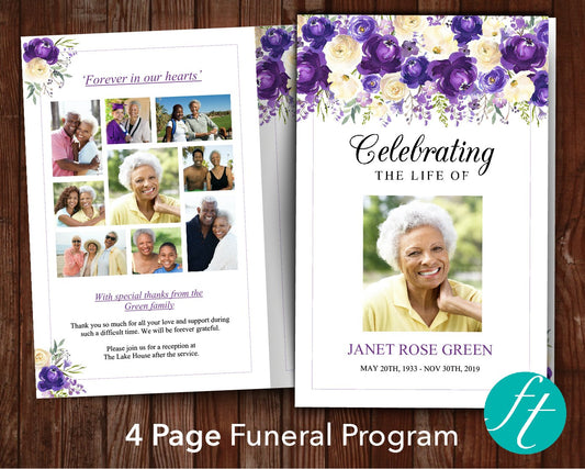 4 Page Purple Posy Funeral Program Template