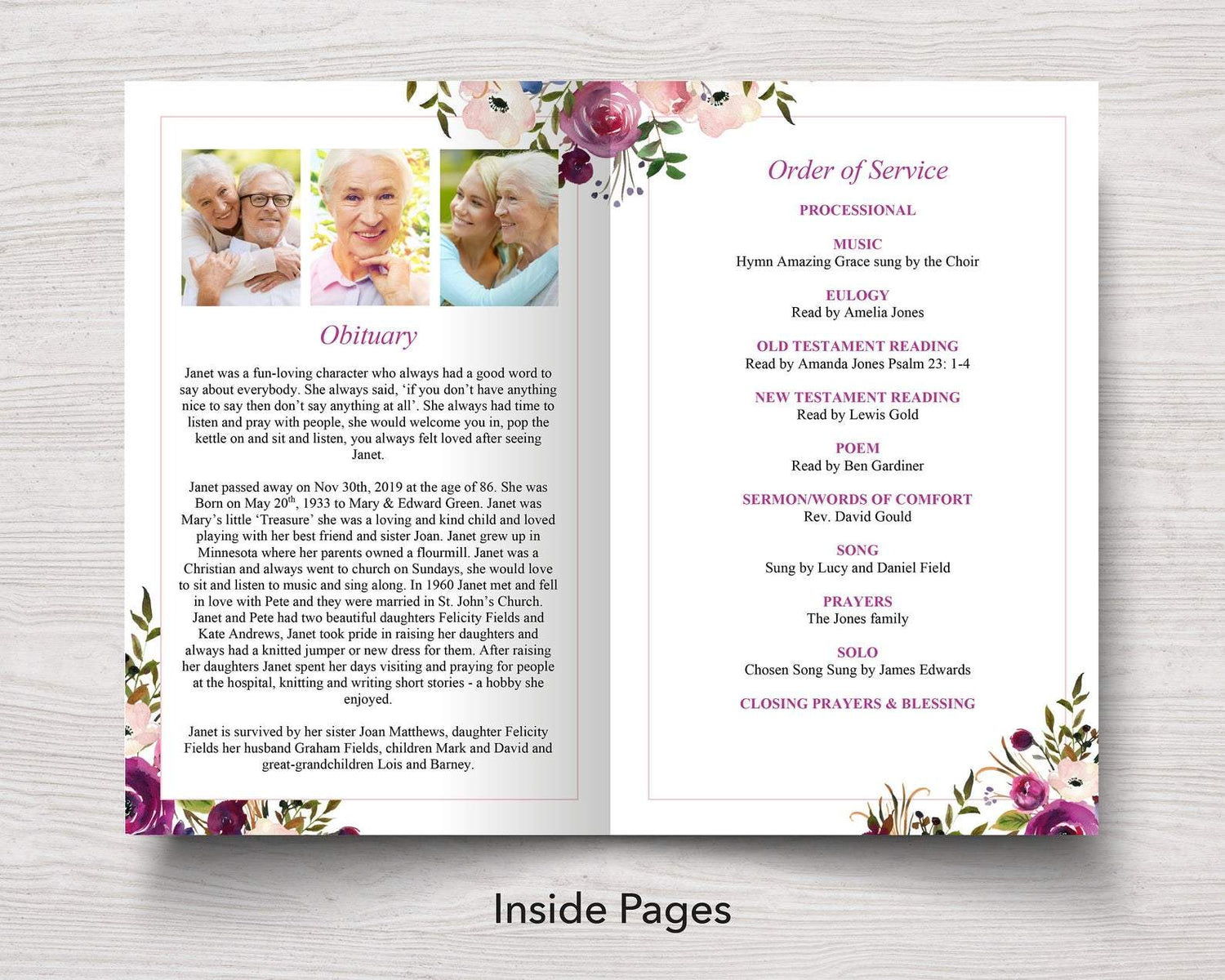 4 Page Purple Roses Funeral Program Template
