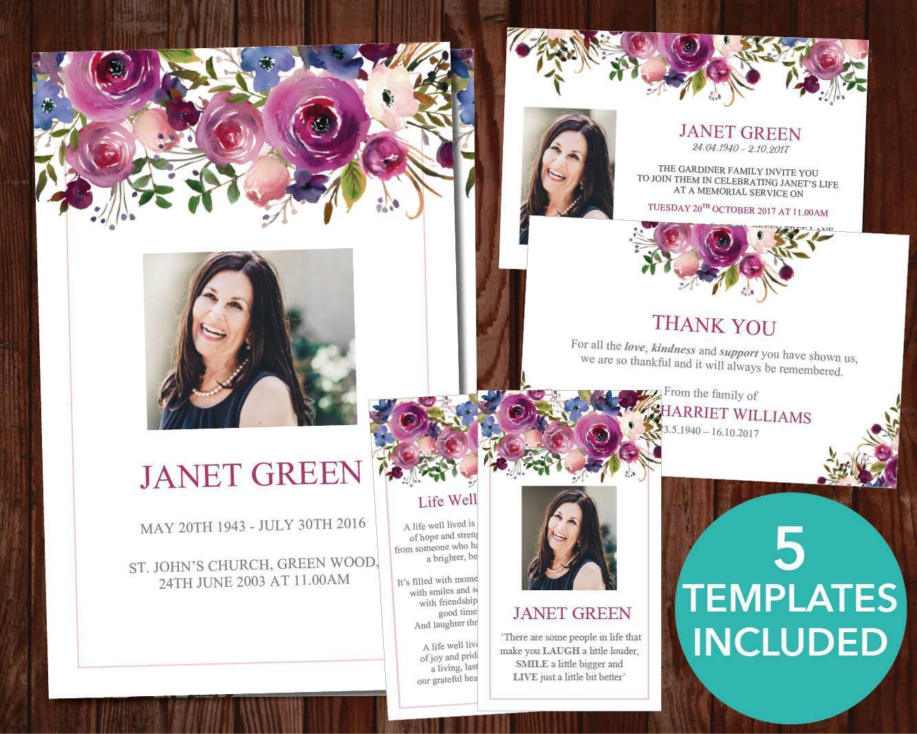 4 Page Purple Roses Funeral Program Template + 4 matching Templates
