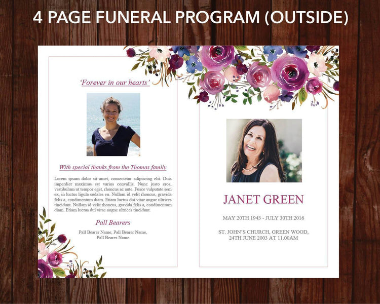 4 Page Purple Roses Funeral Program Template + 4 matching Templates ...