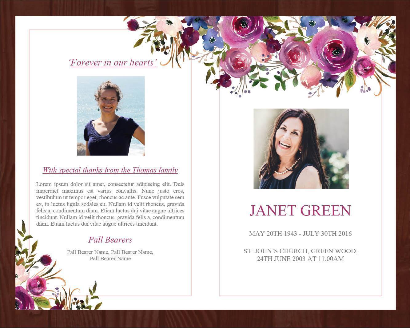 4 Page Purple Roses Funeral Program Template + Prayer Card
