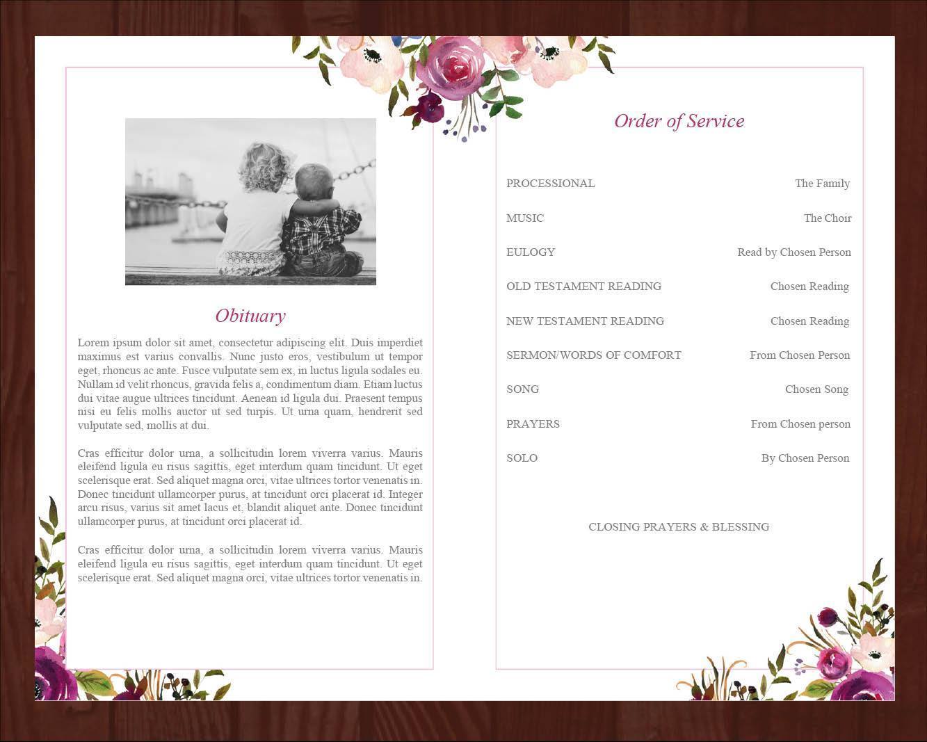 4 Page Purple Roses Funeral Program Template + Prayer Card