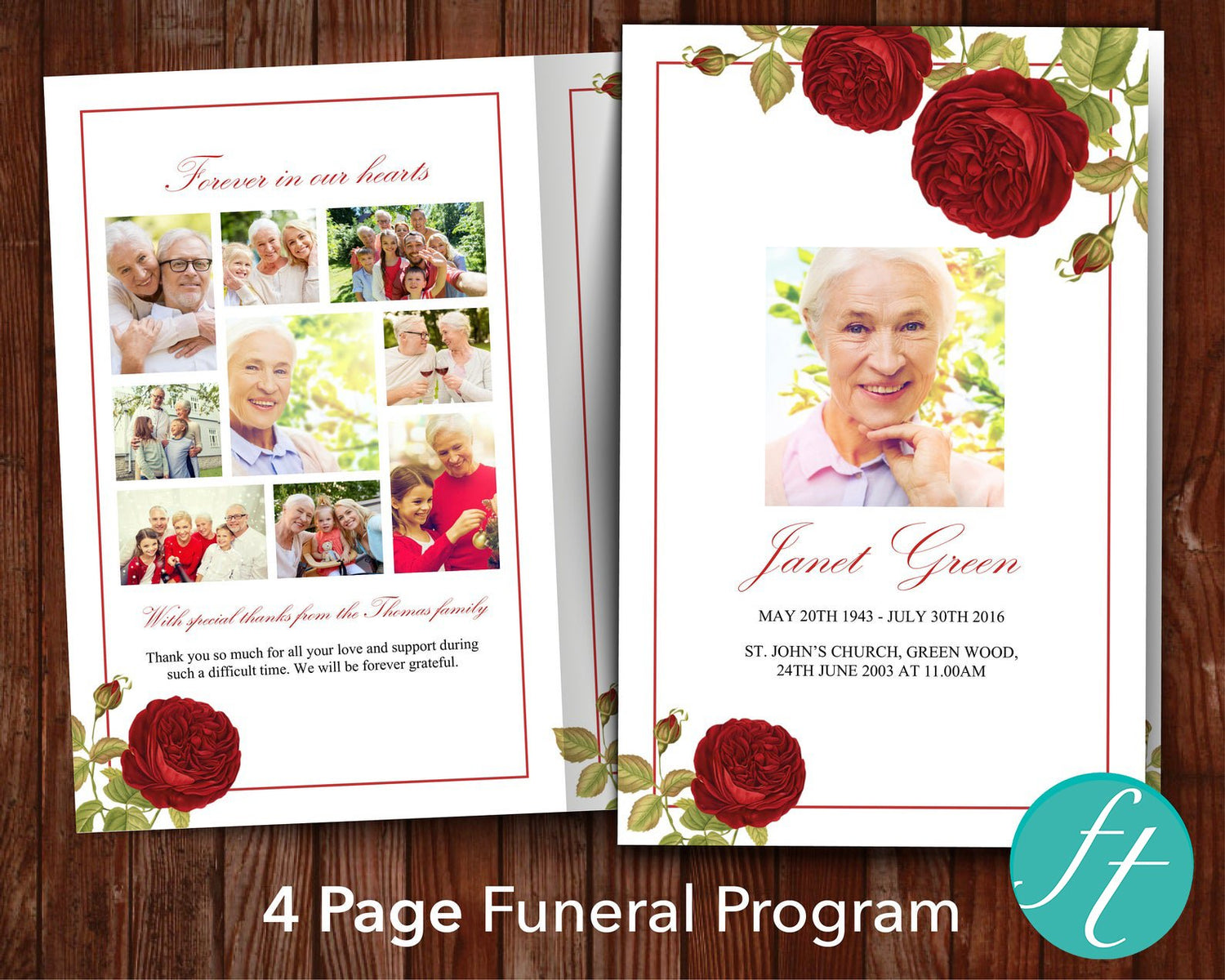 4 Page Red Rose Funeral Program Template