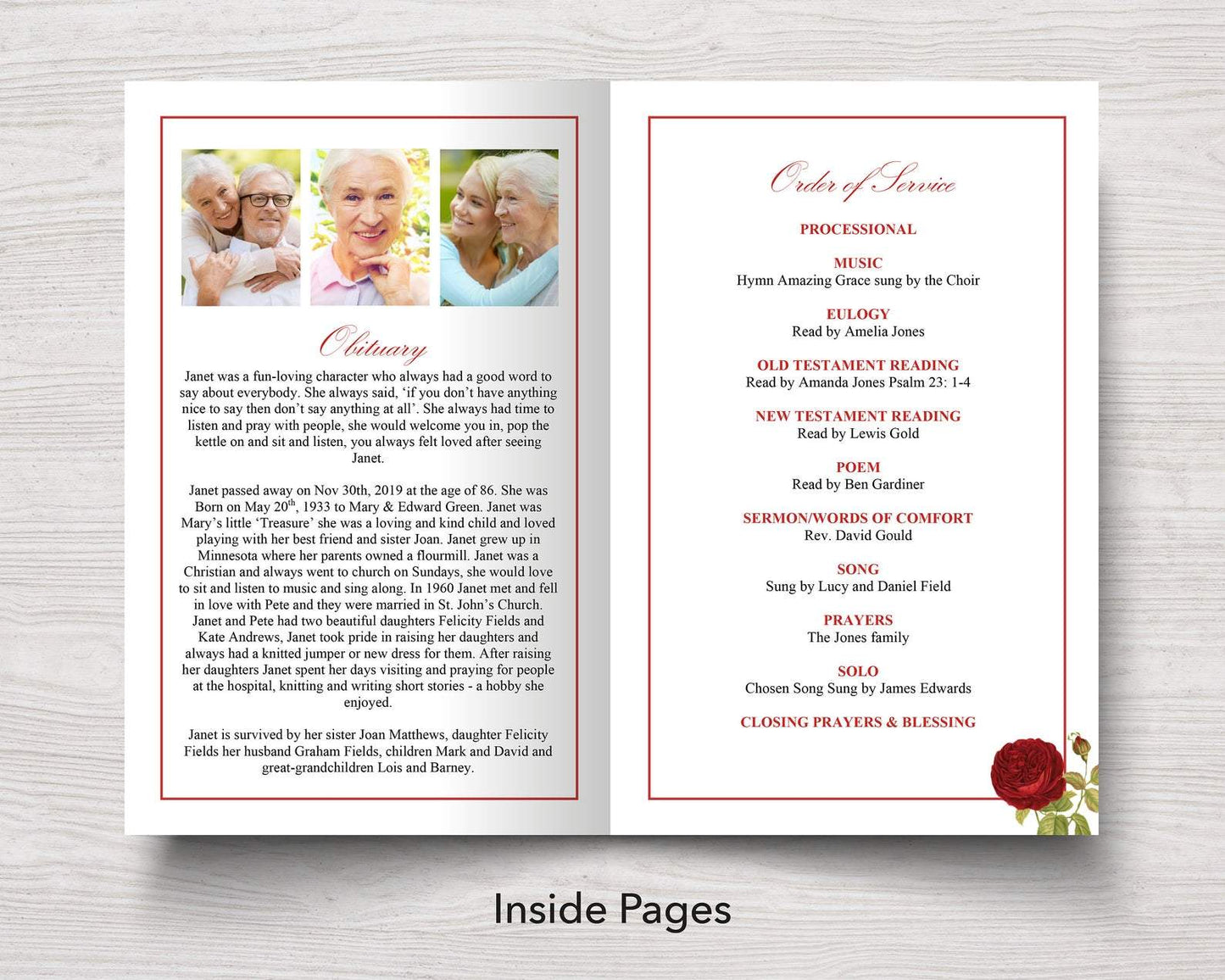 4 Page Red Rose Funeral Program Template