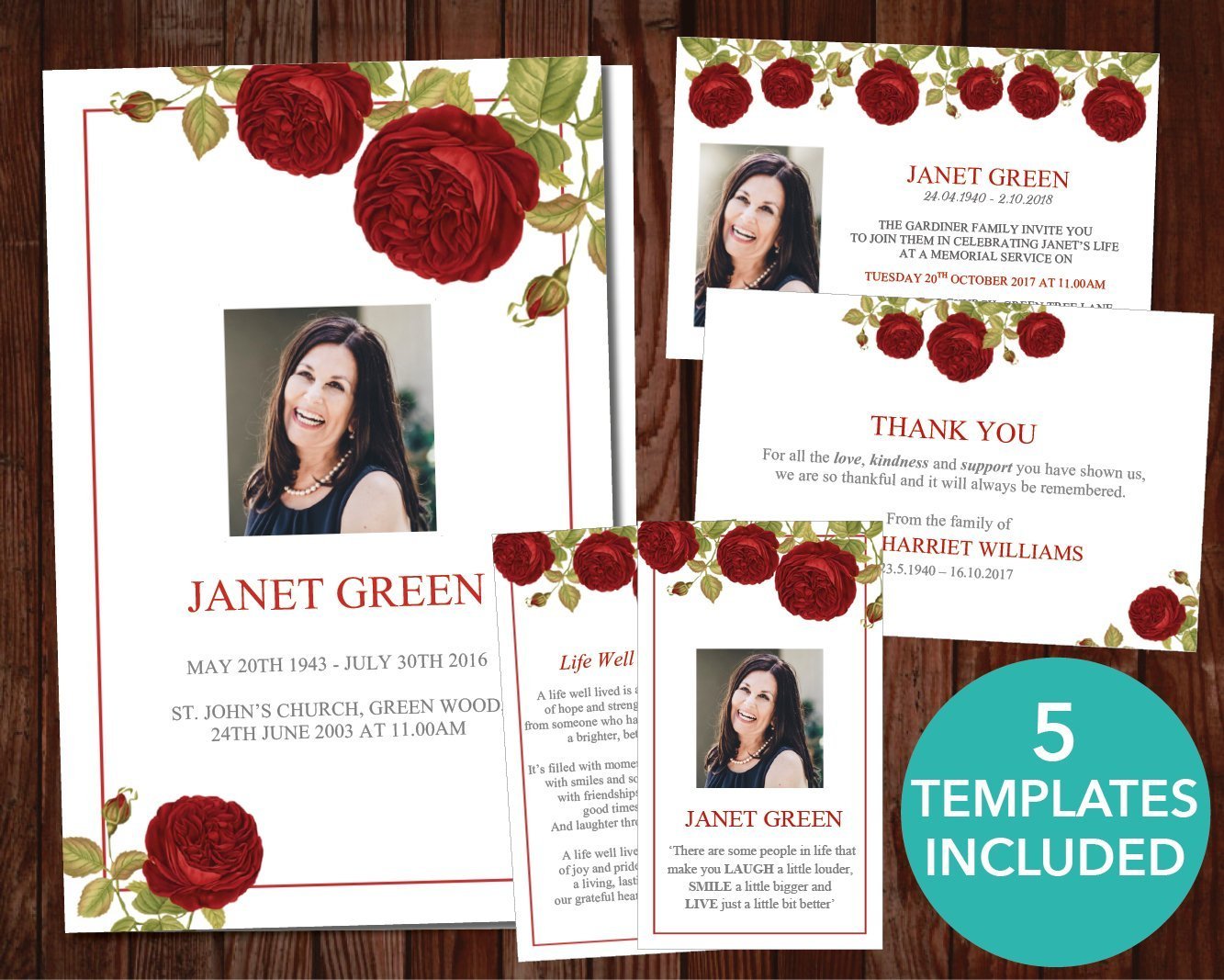 4 Page Red Rose Funeral Program Template + 4 matching Templates ...