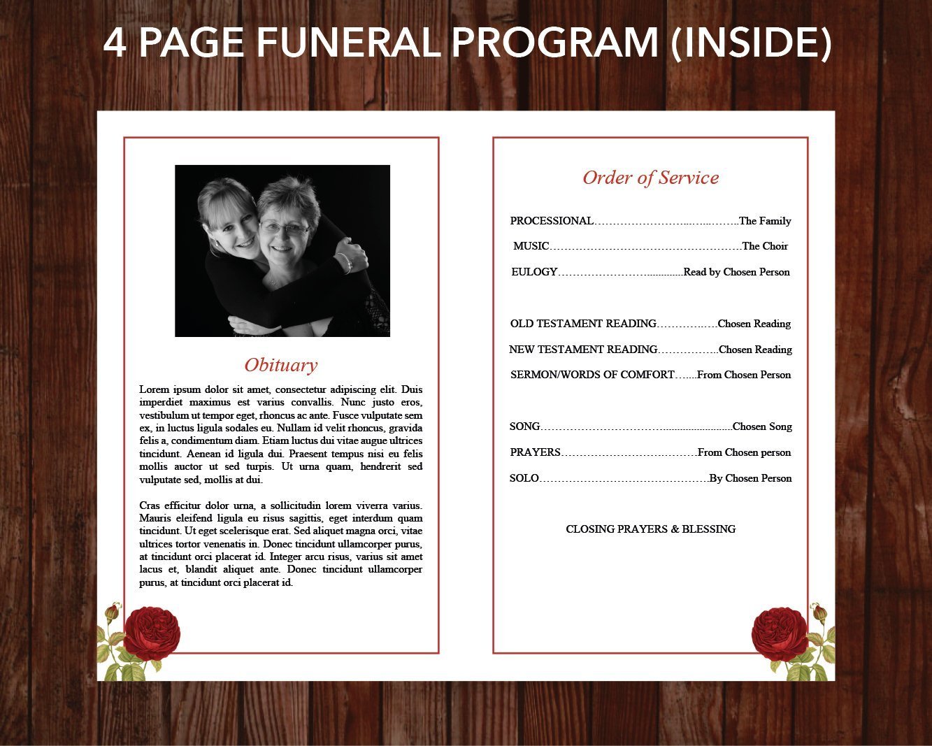 4 Page Red Rose Funeral Program Template + 4 matching Templates