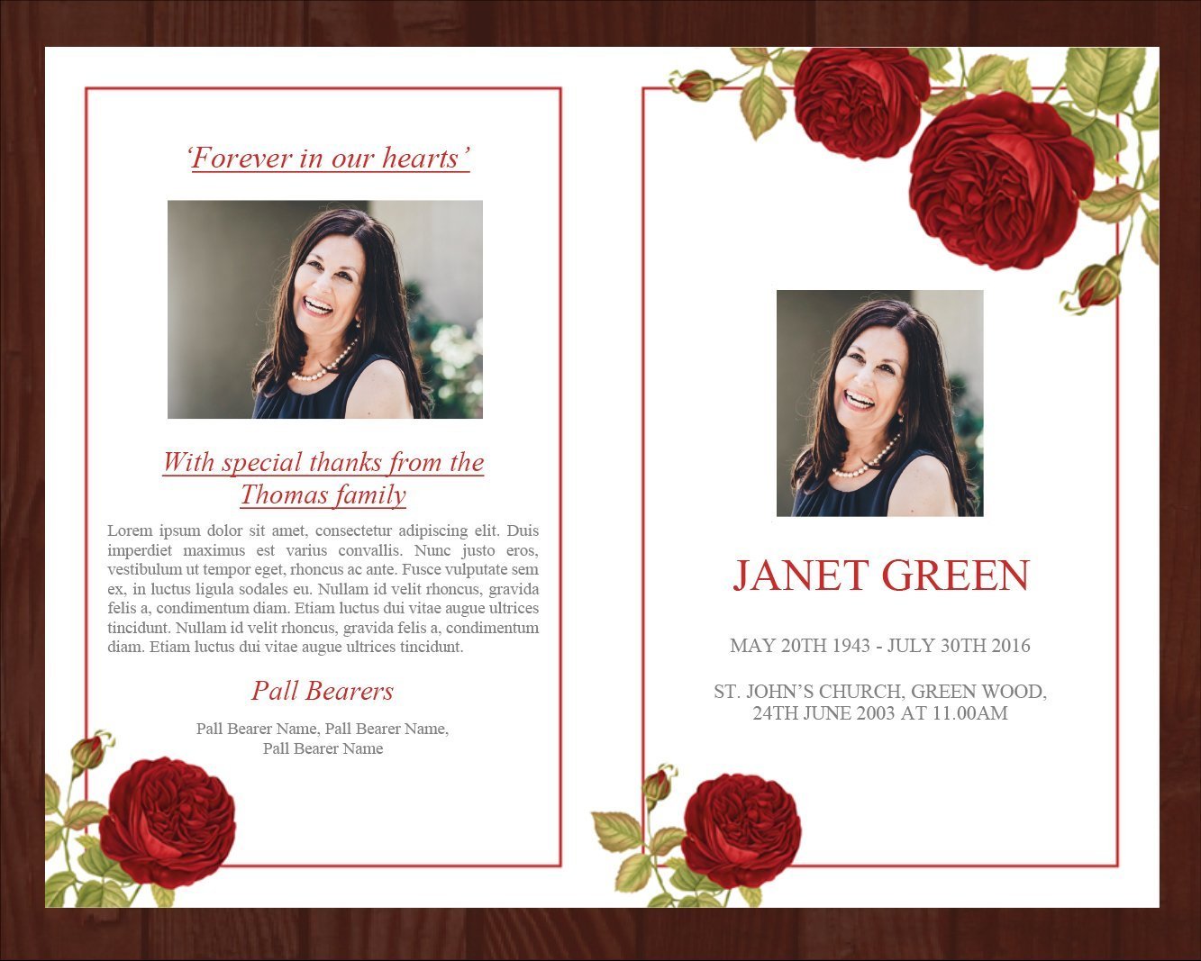 4 Page Red Rose Funeral Program Template + Prayer Card