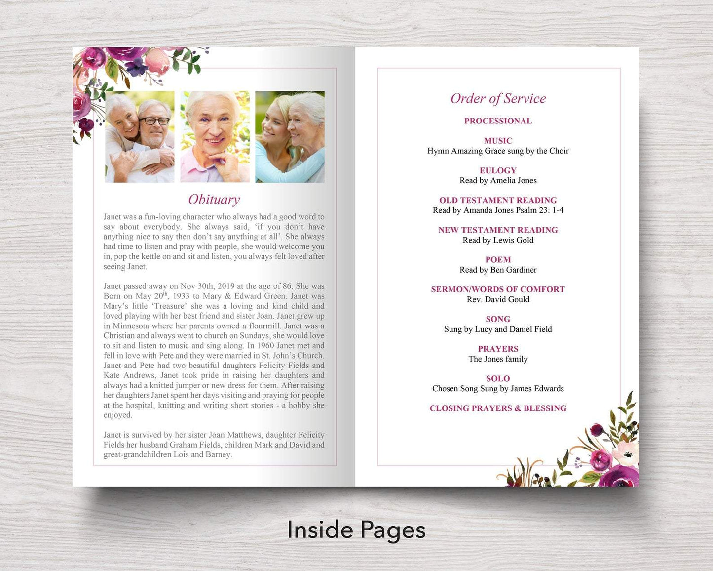 4 Page Rose Bloom Funeral Program Template