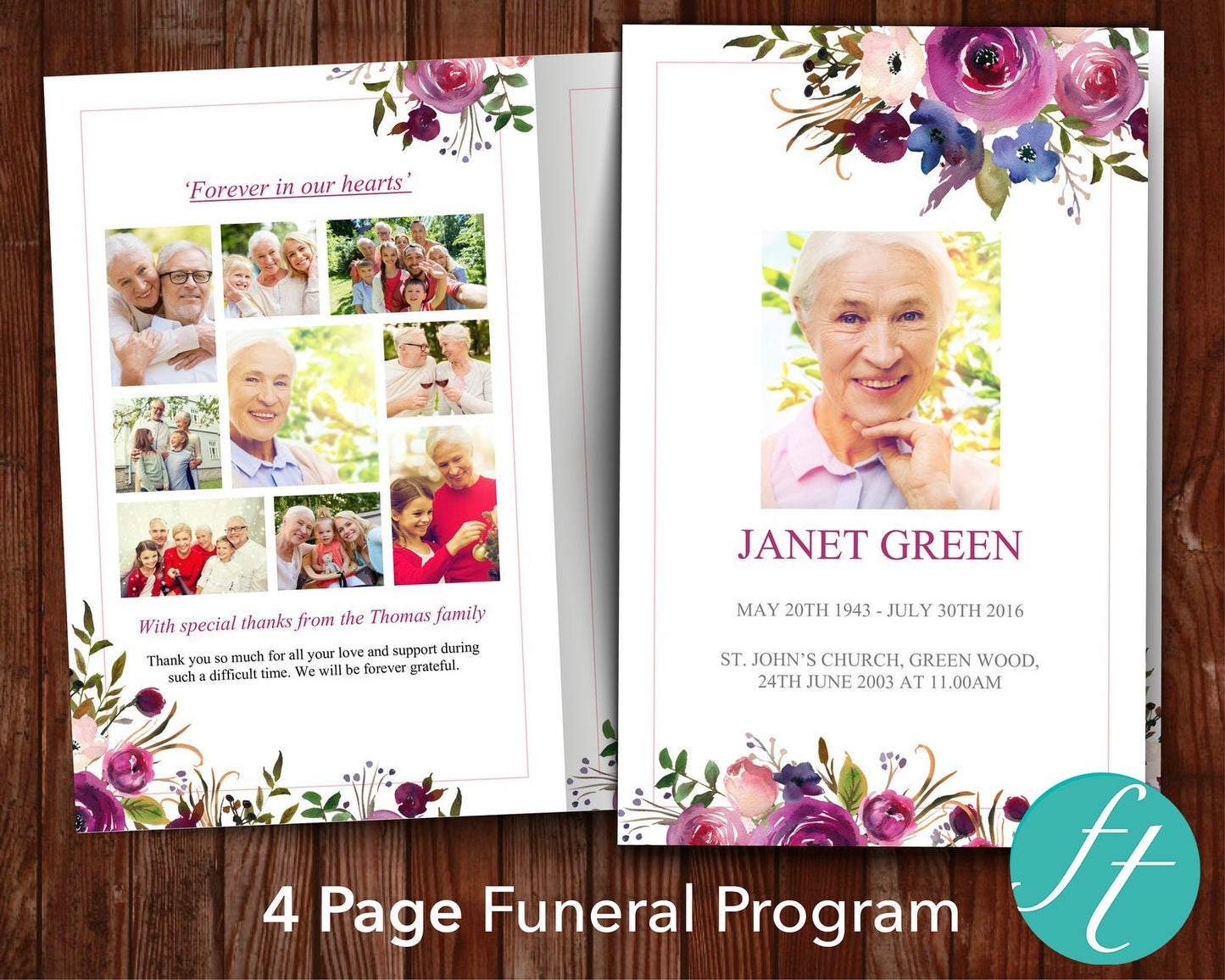4 Page Rose Bloom Funeral Program Template