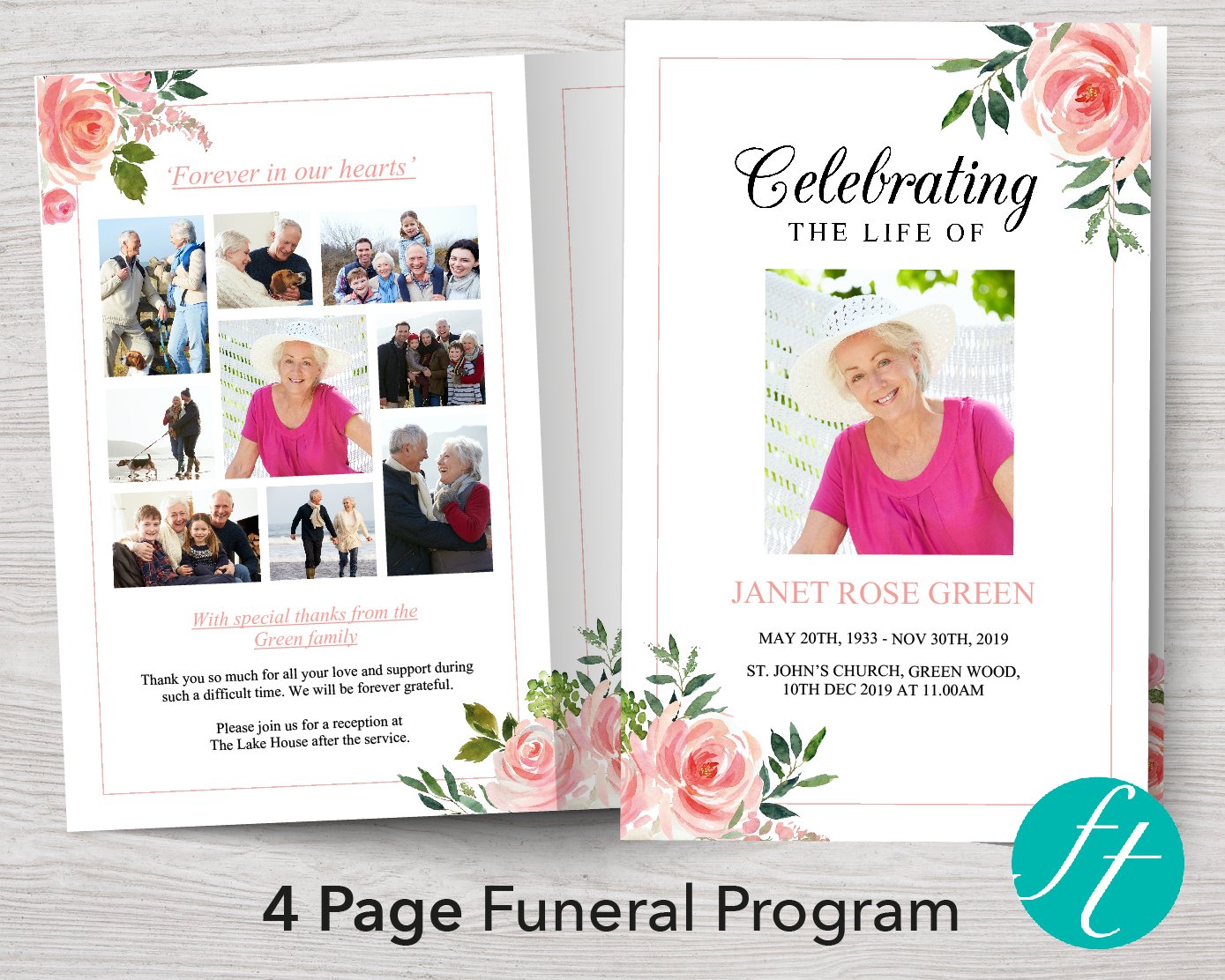4 Page Rose Bouquet Funeral Program Template