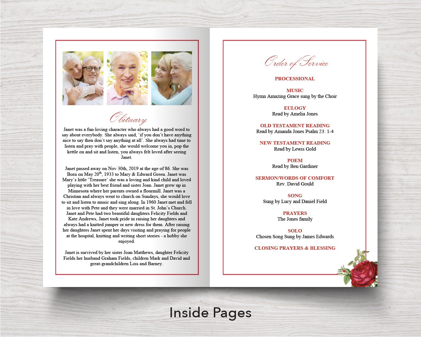 4 Page Rose Garden Funeral Program Template