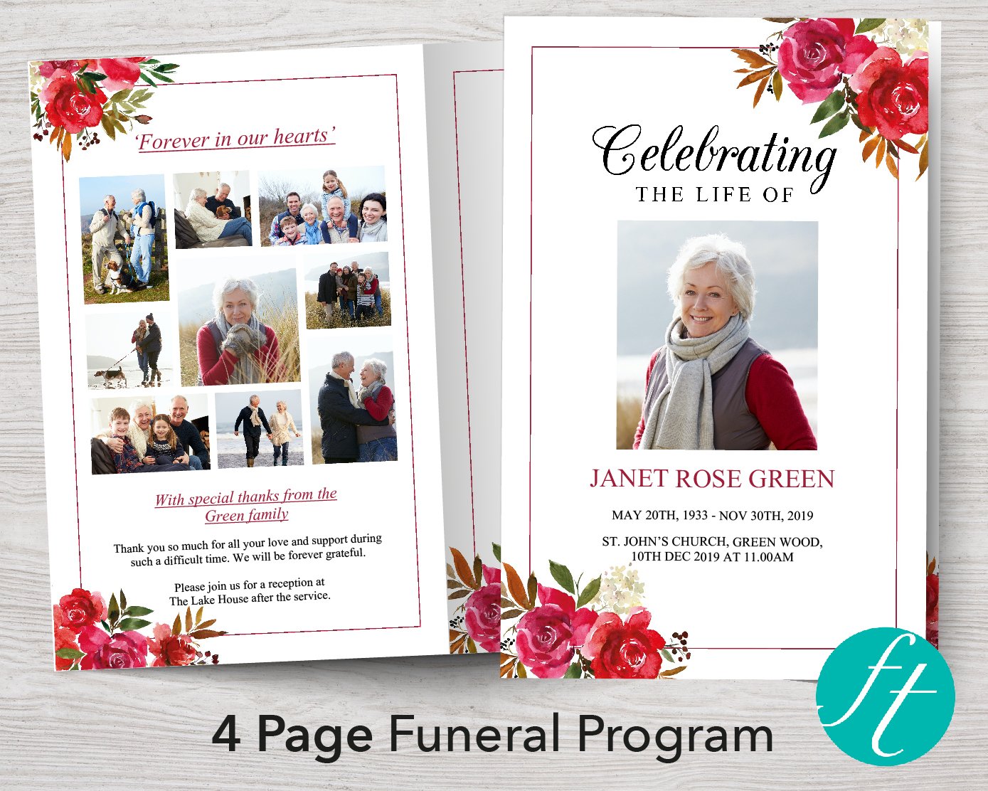 4 Page Scarlett Bloom Funeral Program Template