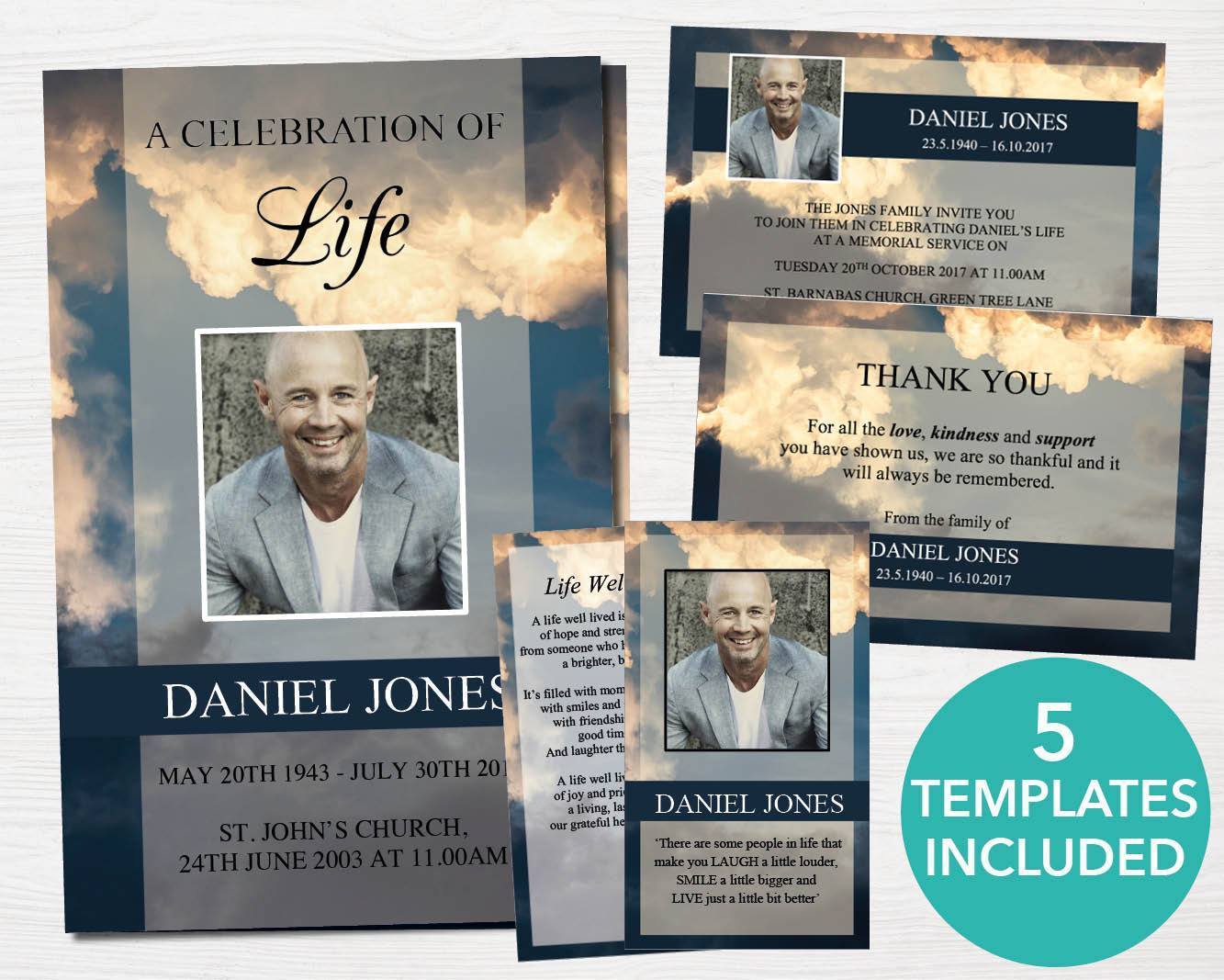 4 Page Sky Funeral Program Template + 4 matching Templates