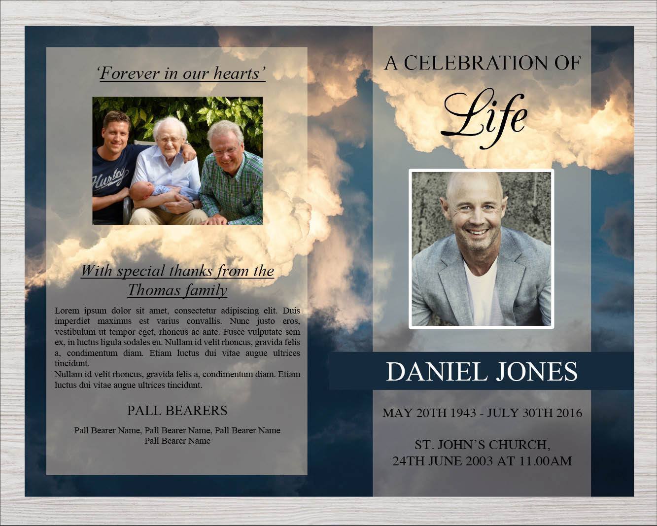 4 Page Sky Funeral Program Template + Prayer Card