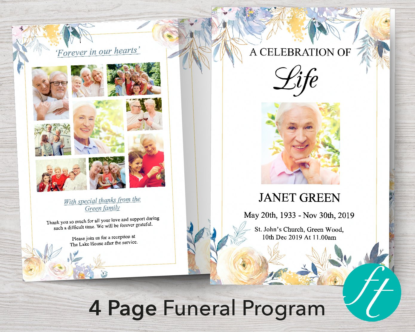 4 Page Spring Bouquet Funeral Program Template