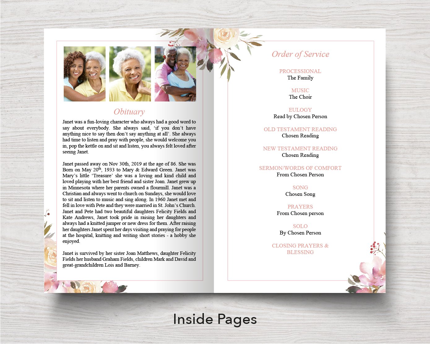 4 Page Spring Florals Funeral Program Template