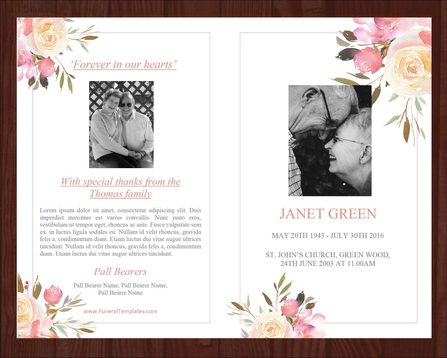 4 Page Spring Flowers Funeral Program Template + Prayer Card