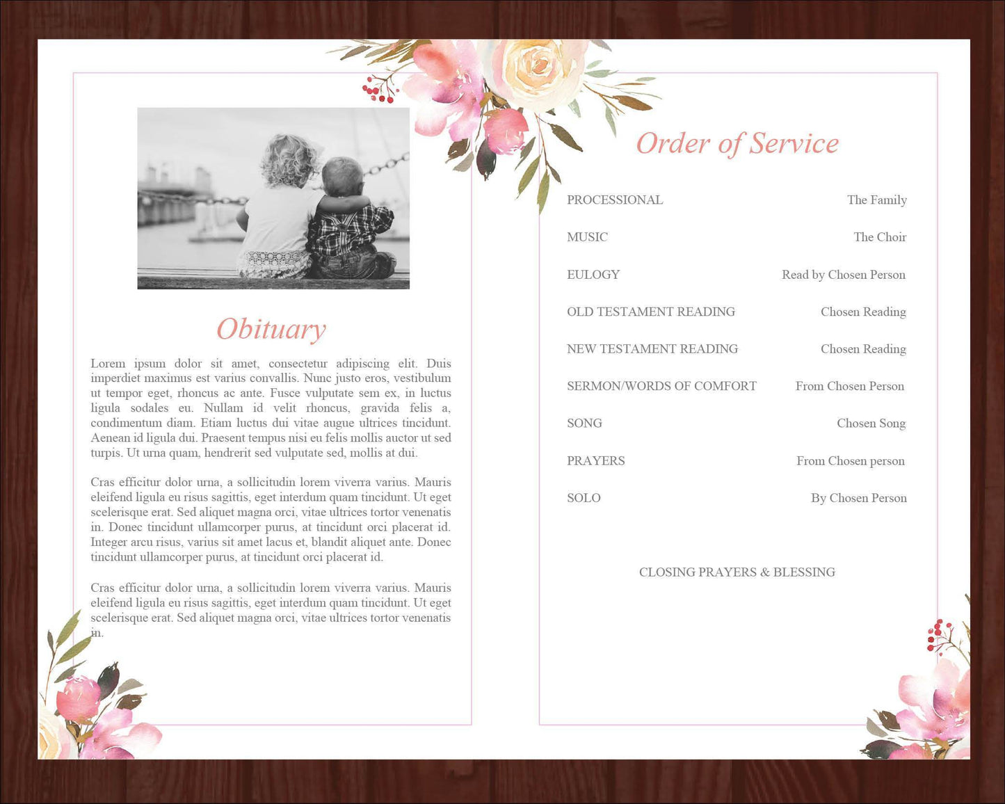 4 Page Spring Flowers Funeral Program Template + Prayer Card