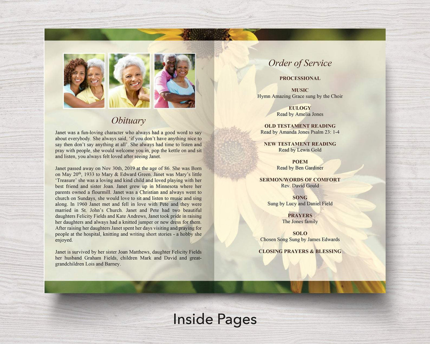 4 Page Sunflowers Funeral Program Template