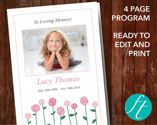 4 Page Sweet Roses Funeral Program Template