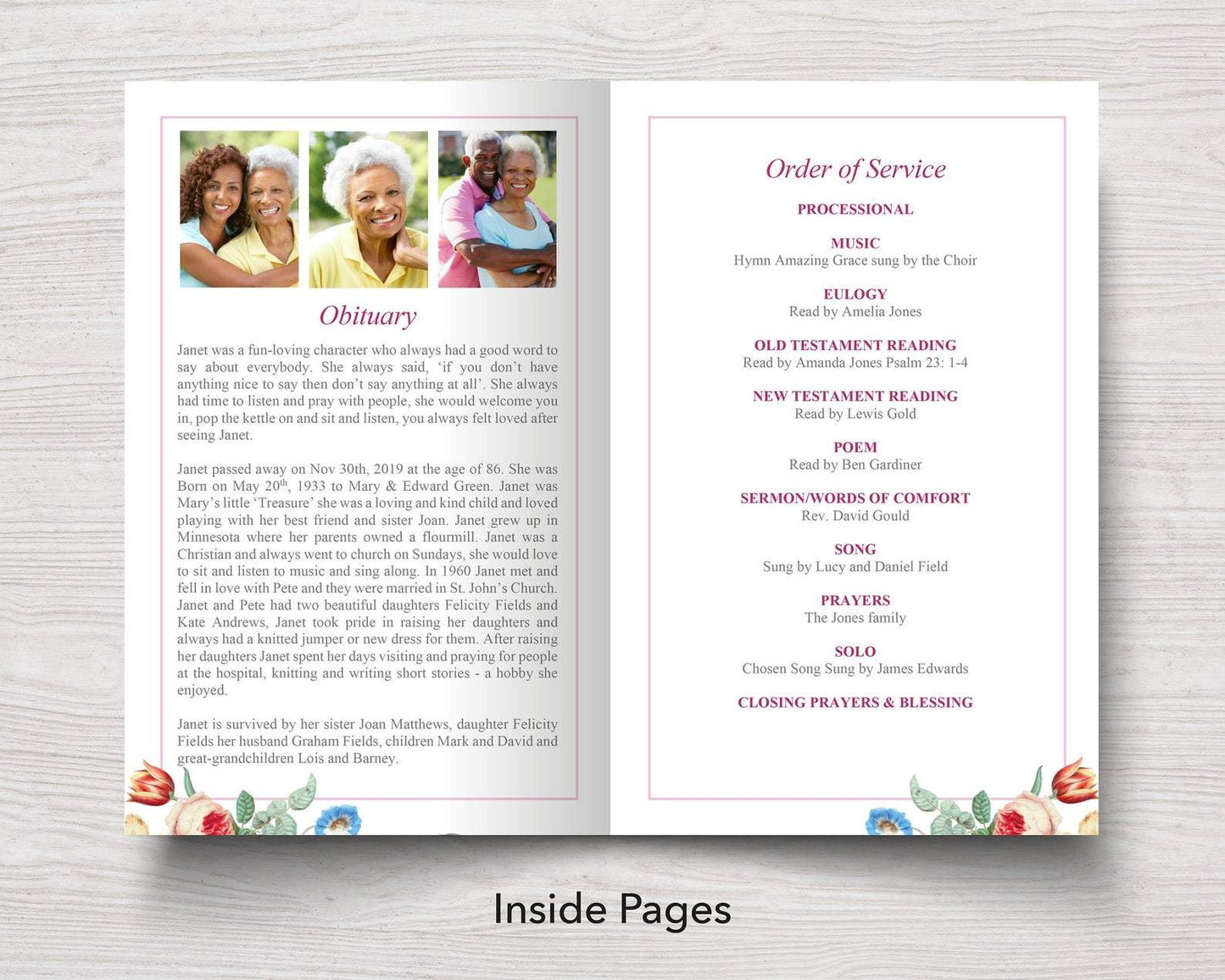 4 Page Vintage Floral Funeral Program Template