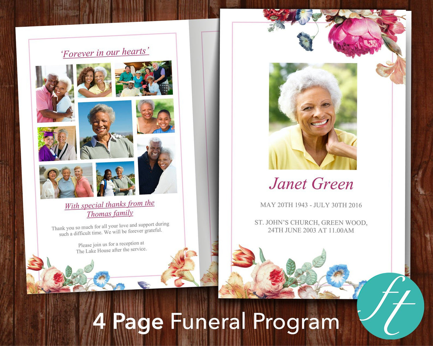 4 Page Vintage Floral Funeral Program Template