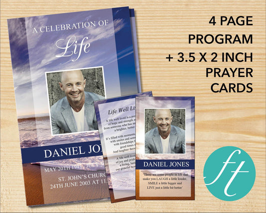 4 Page Waves Funeral Program Template + Prayer Card