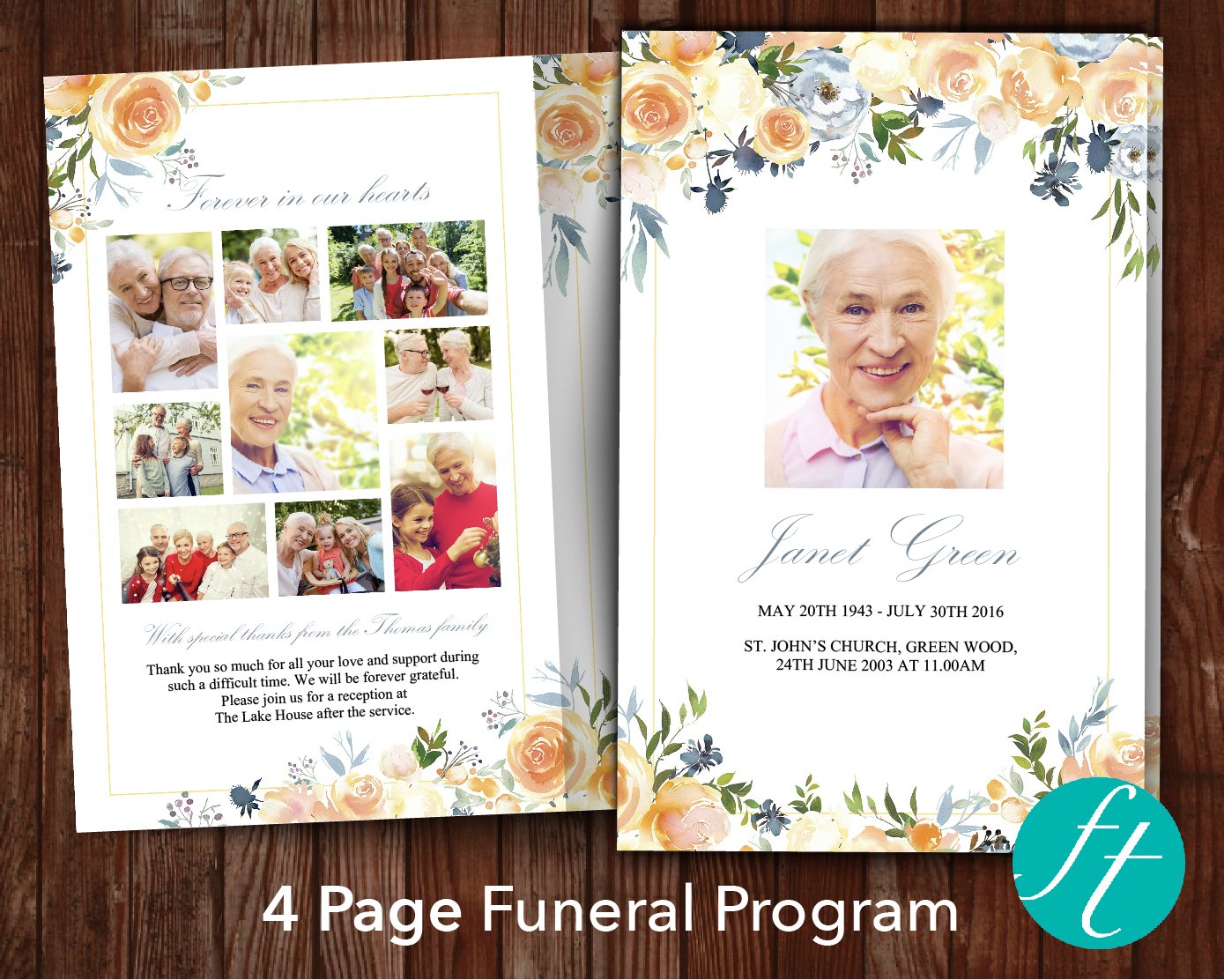 4 Page Yellow Bouquet Funeral Program Template