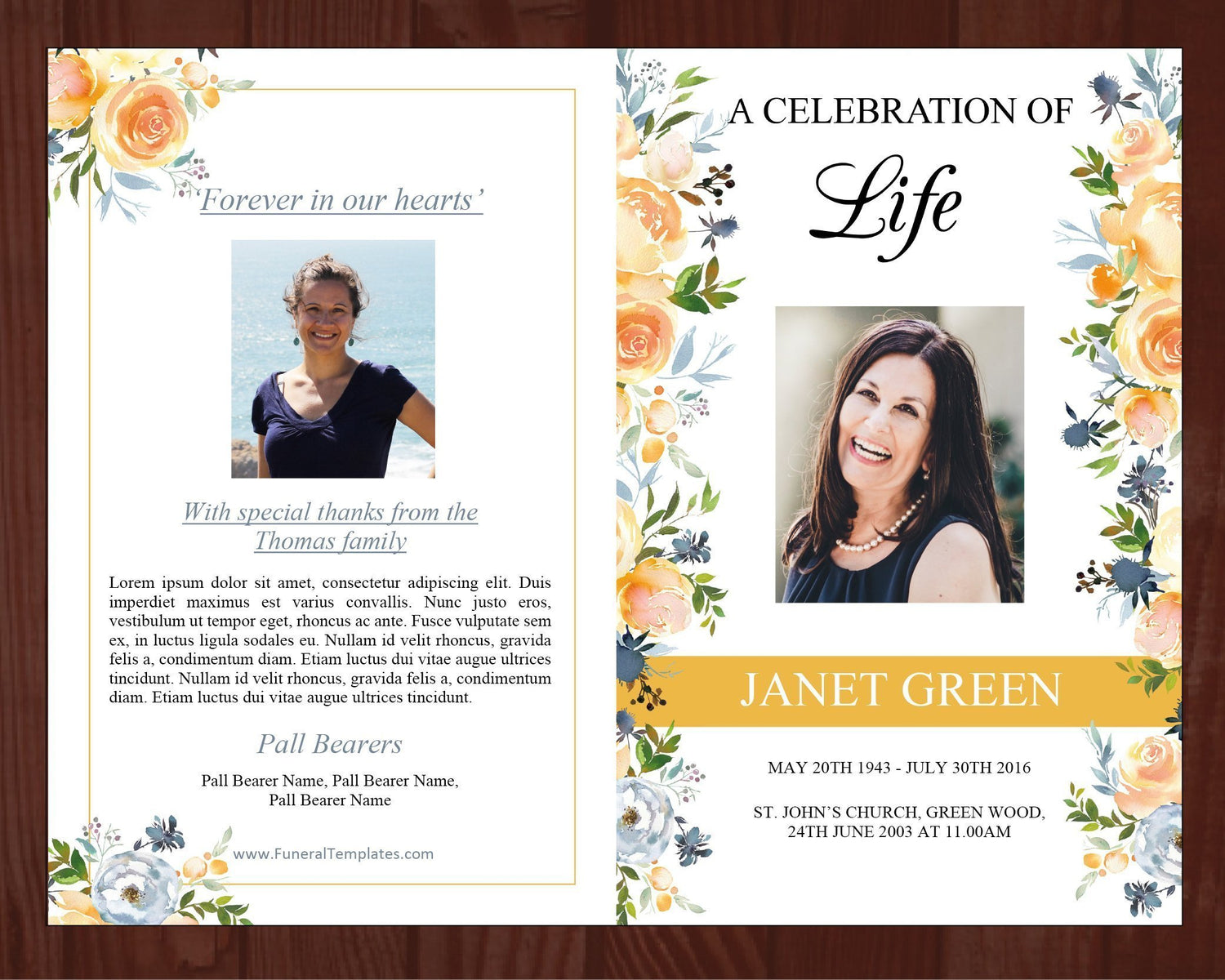 4 Page Yellow Display Funeral Program Template