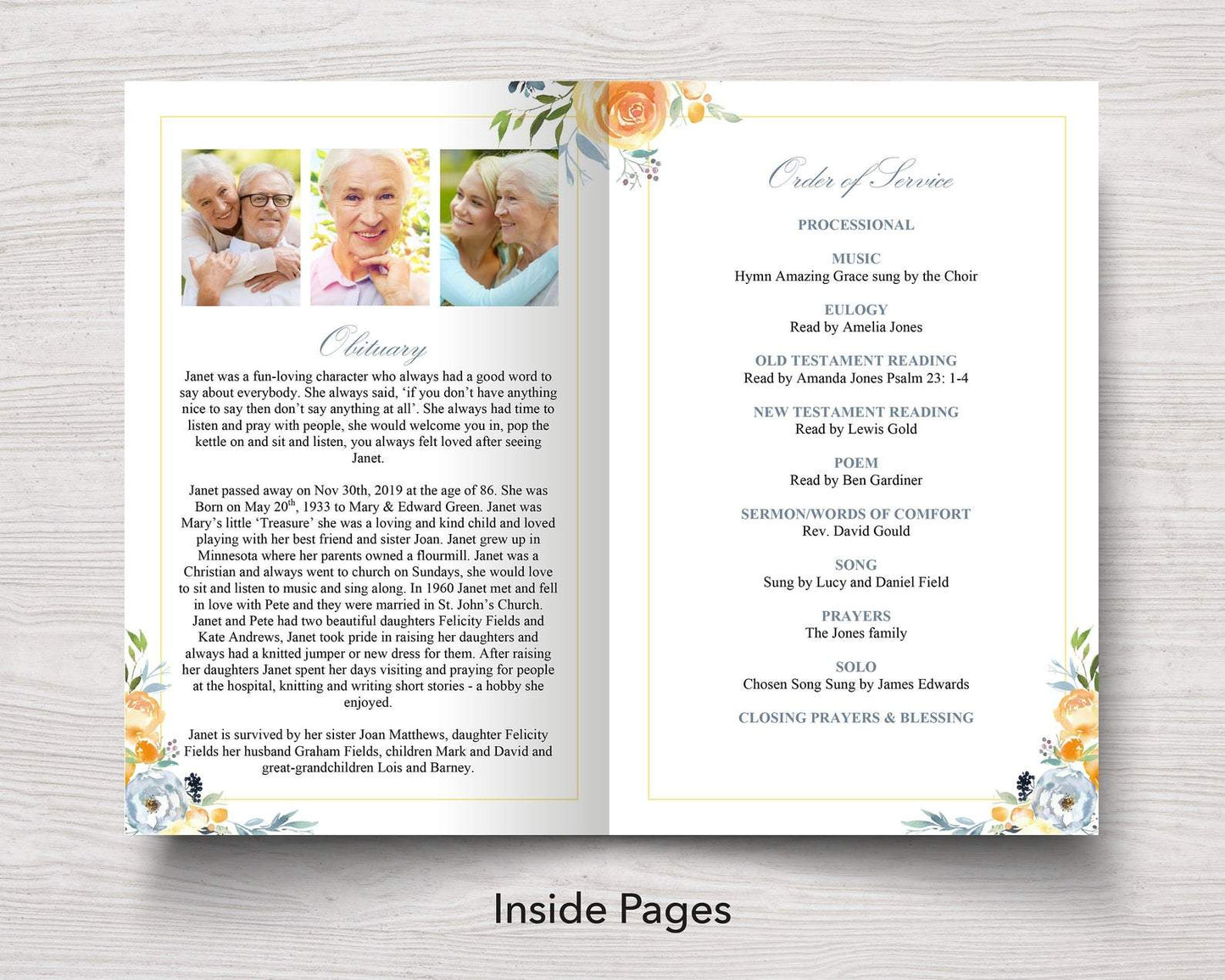 4 Page Yellow Rose Funeral Program Template