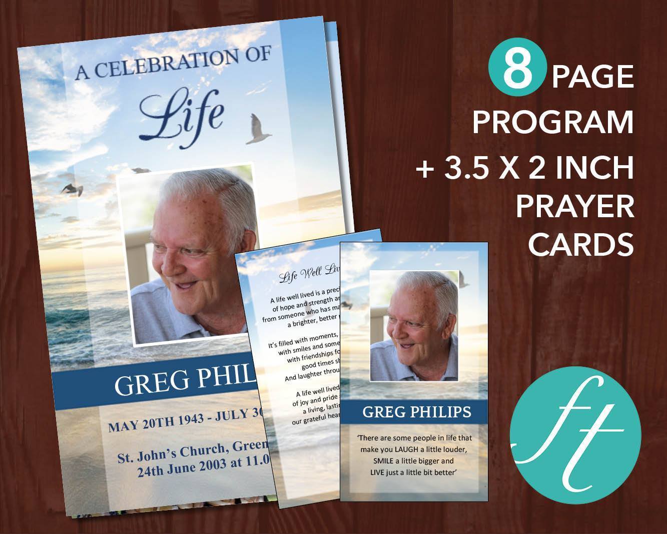 8 Page Beach Funeral Program Template + Prayer Card
