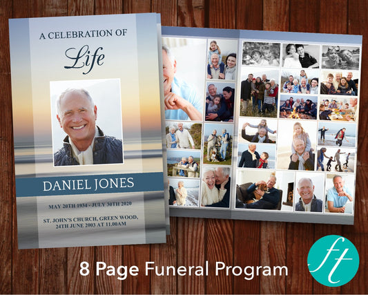 8 Page Beach Sunset Funeral Program Template