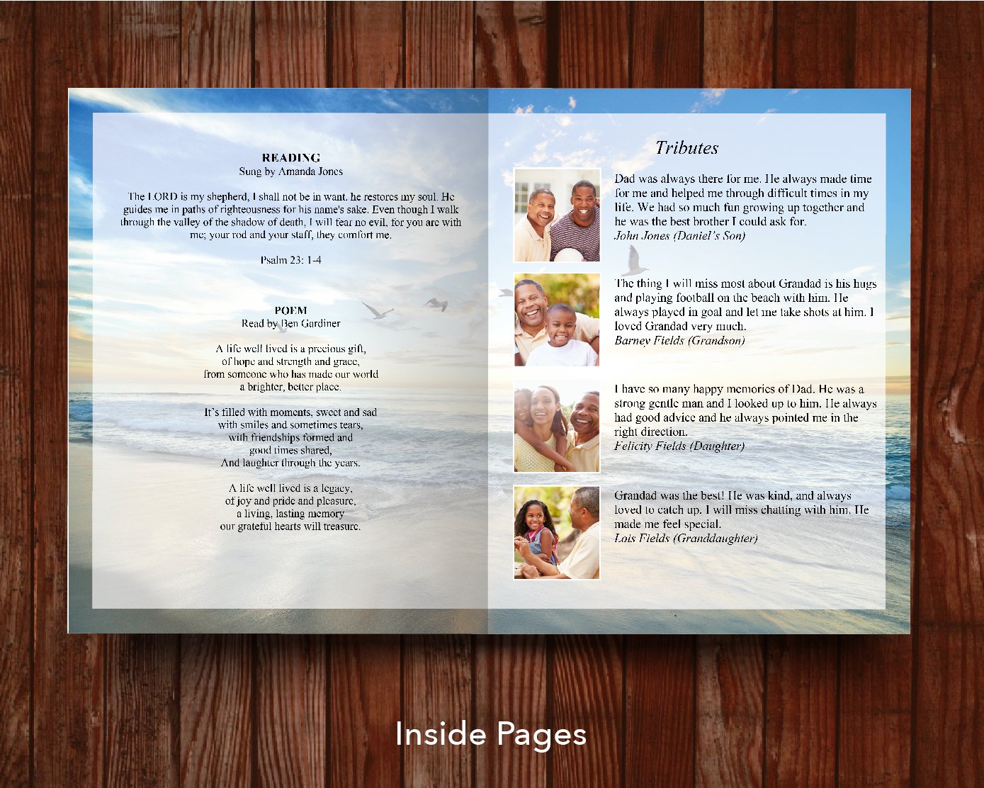 8 Page Beach View Funeral Program Template (11 x 17 inches)