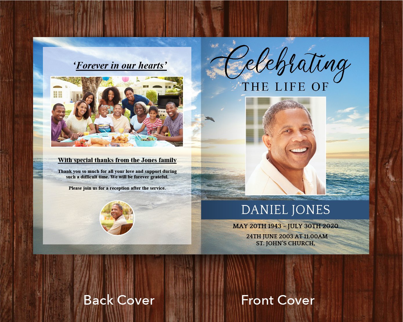 8 Page Beach View Funeral Program Template (11 x 17 inches)