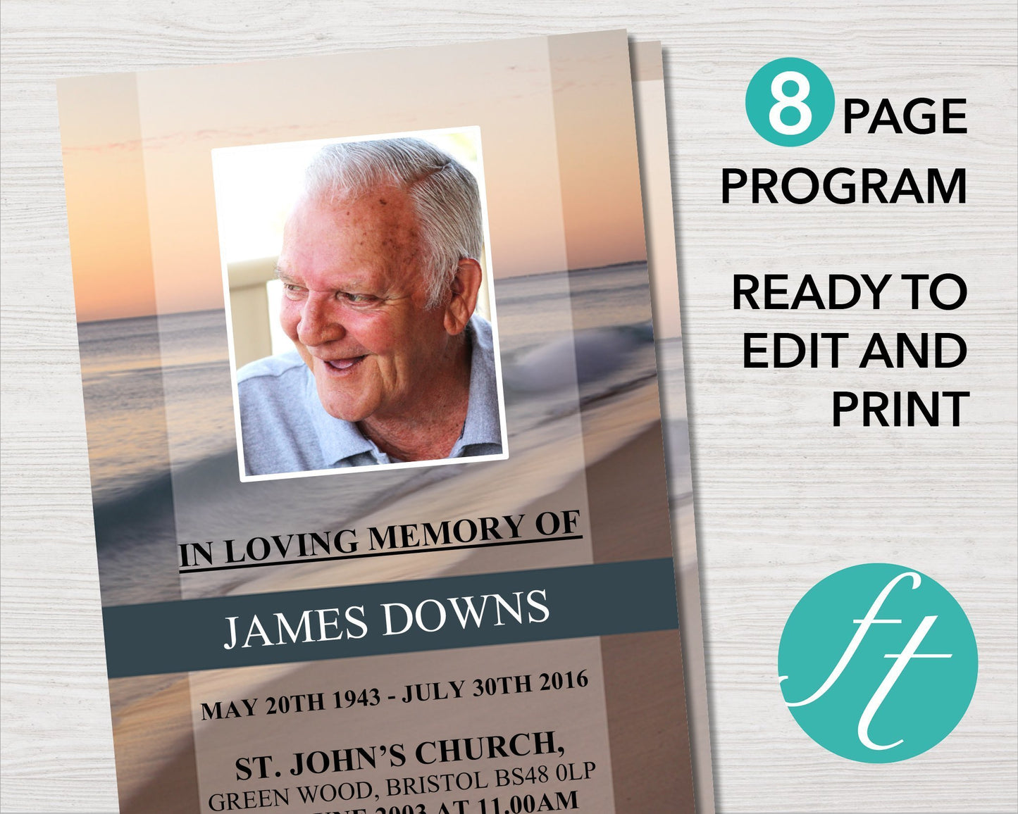 8 Page Beach Wave Funeral Program Template