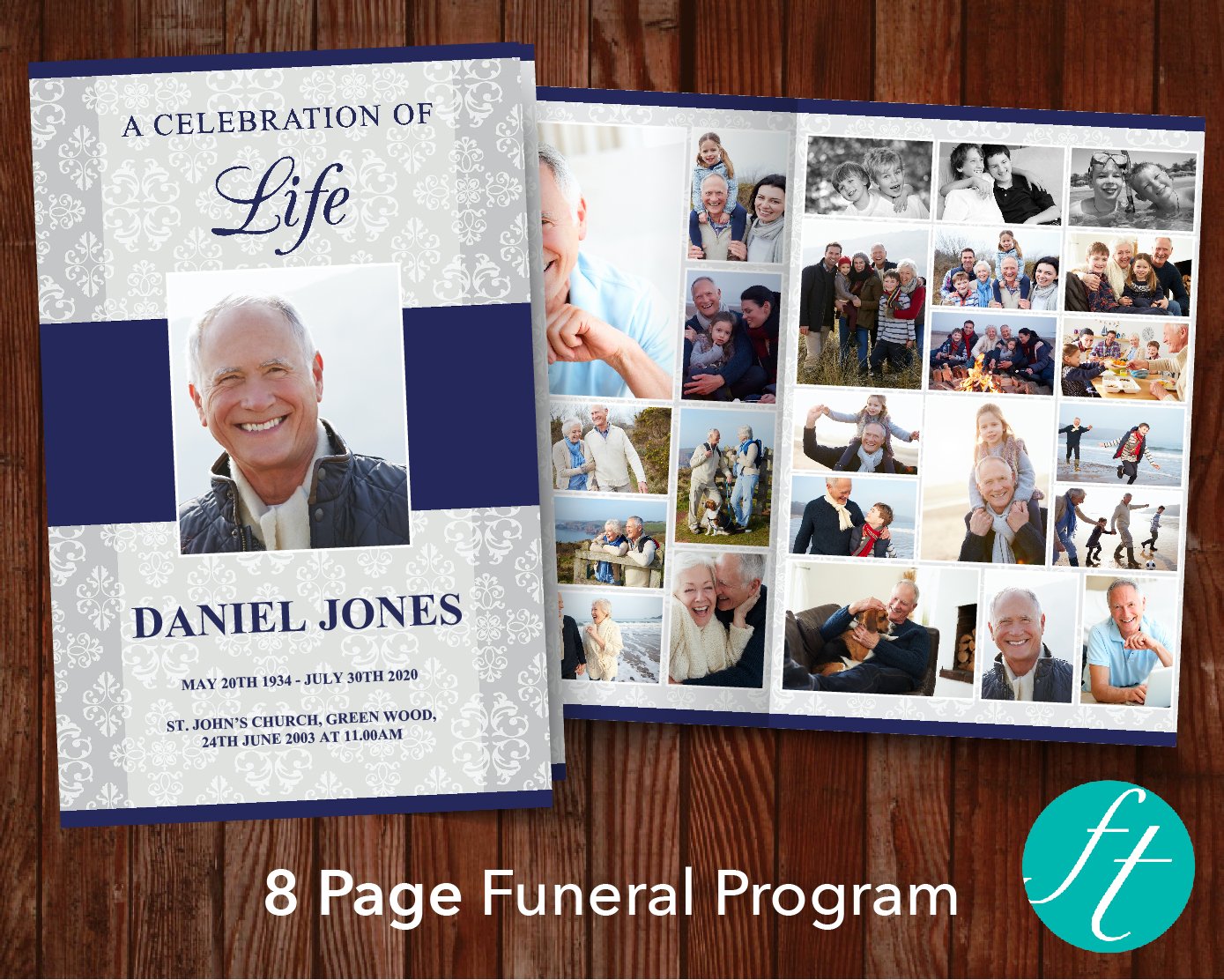 8 Page Classic Damask Funeral Program Template