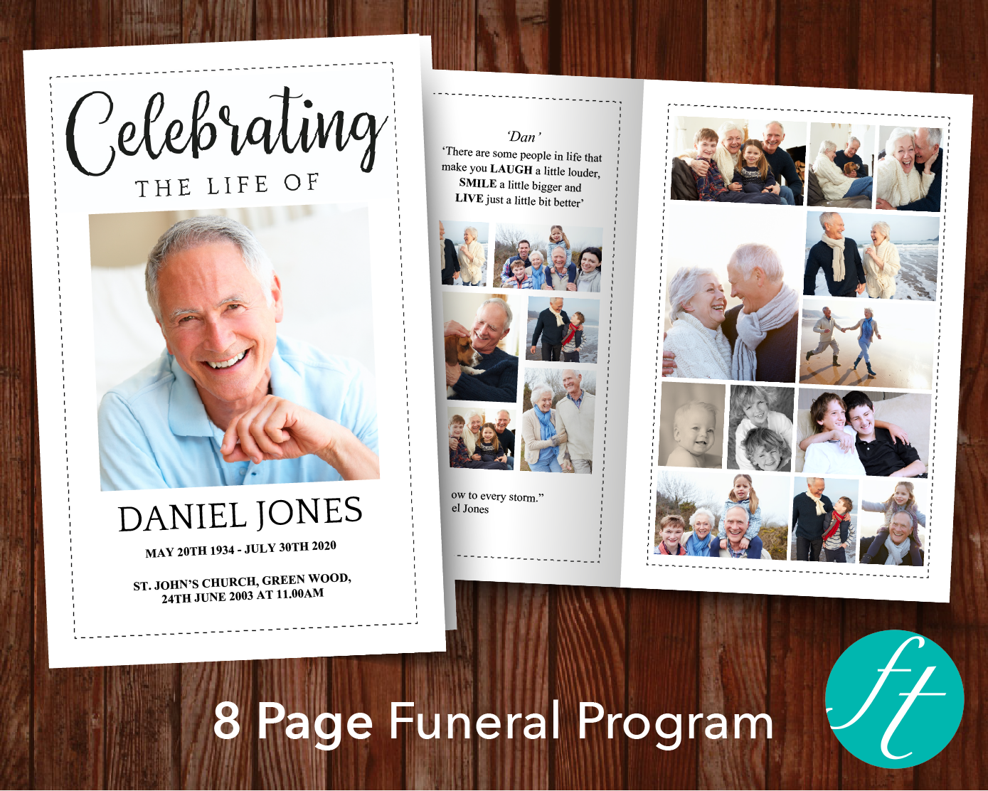 8-Page Funeral Program Template with a classic dashed line border and a double page photo collage