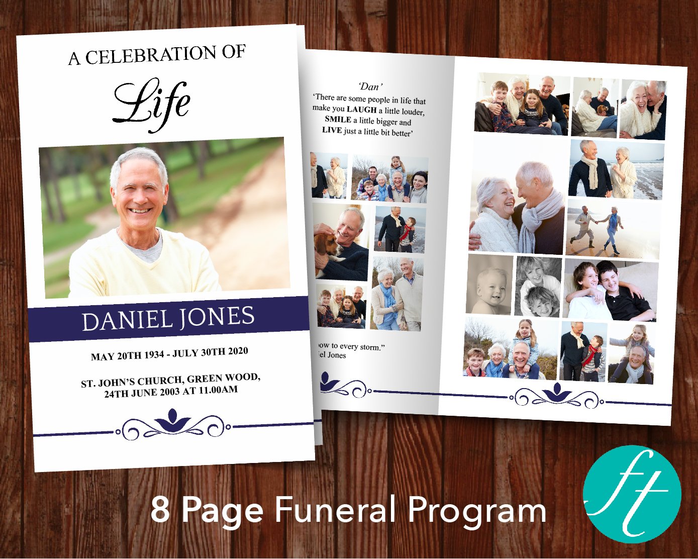 8 Page Elegant Blue Funeral Program Template