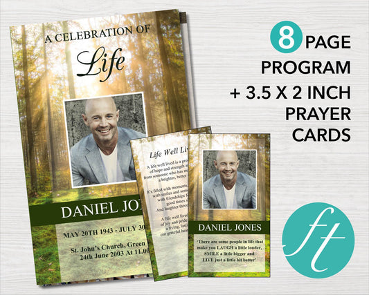 8 Page Forest Funeral Program Template + Prayer Card