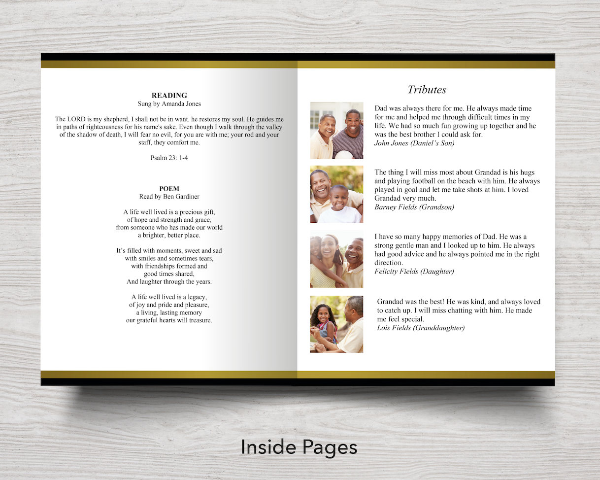 8 Page Golden Funeral Program Template (11 x 17 inches)