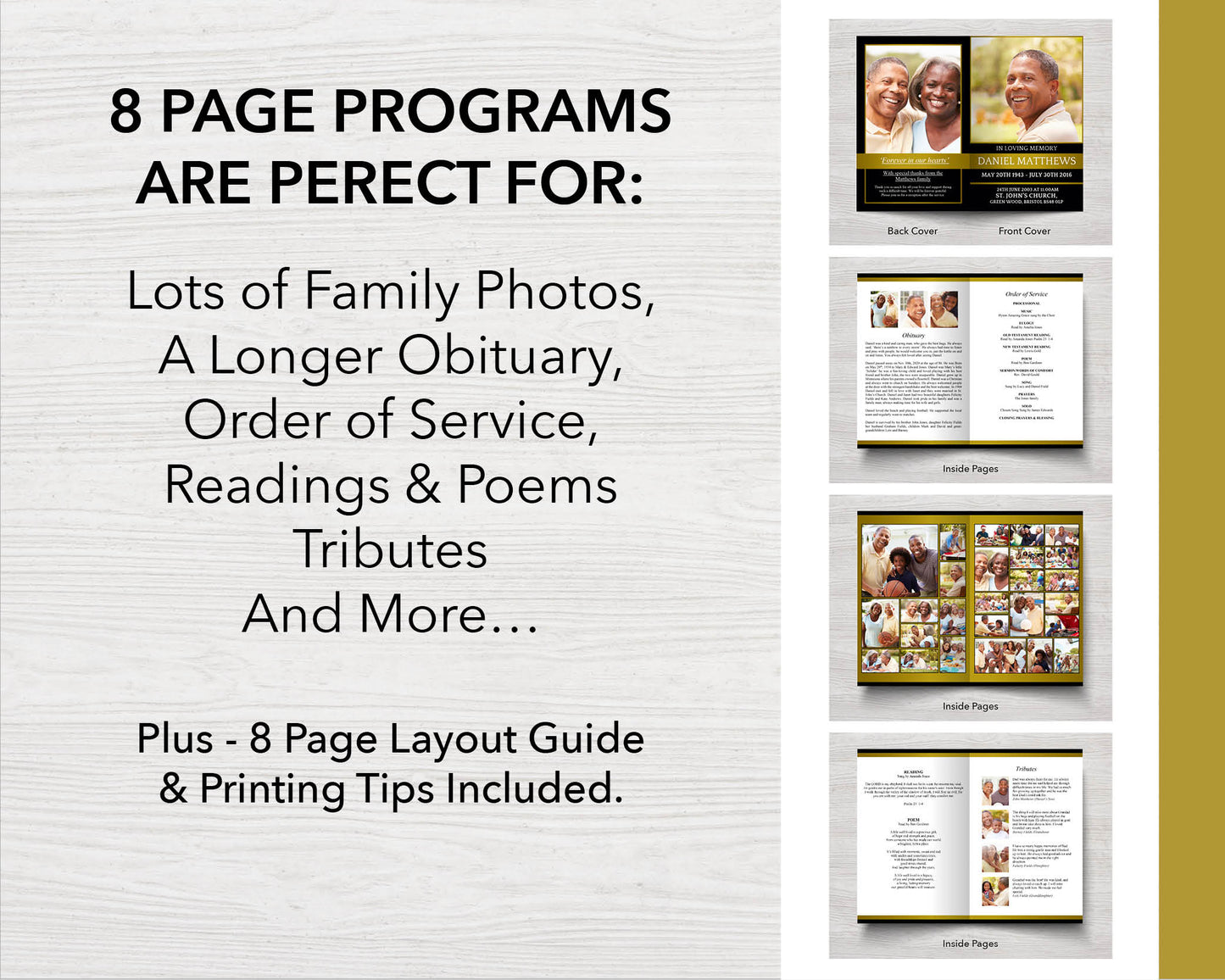 8 Page Golden Funeral Program Template (11 x 17 inches)