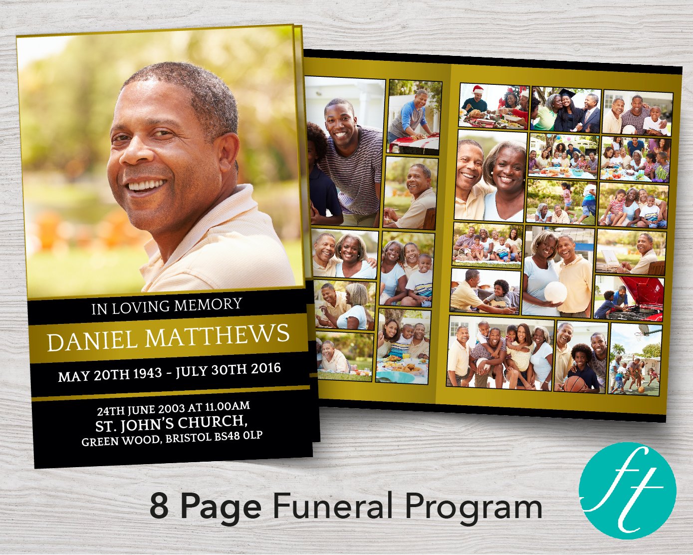 8 Page Golden Funeral Program Template