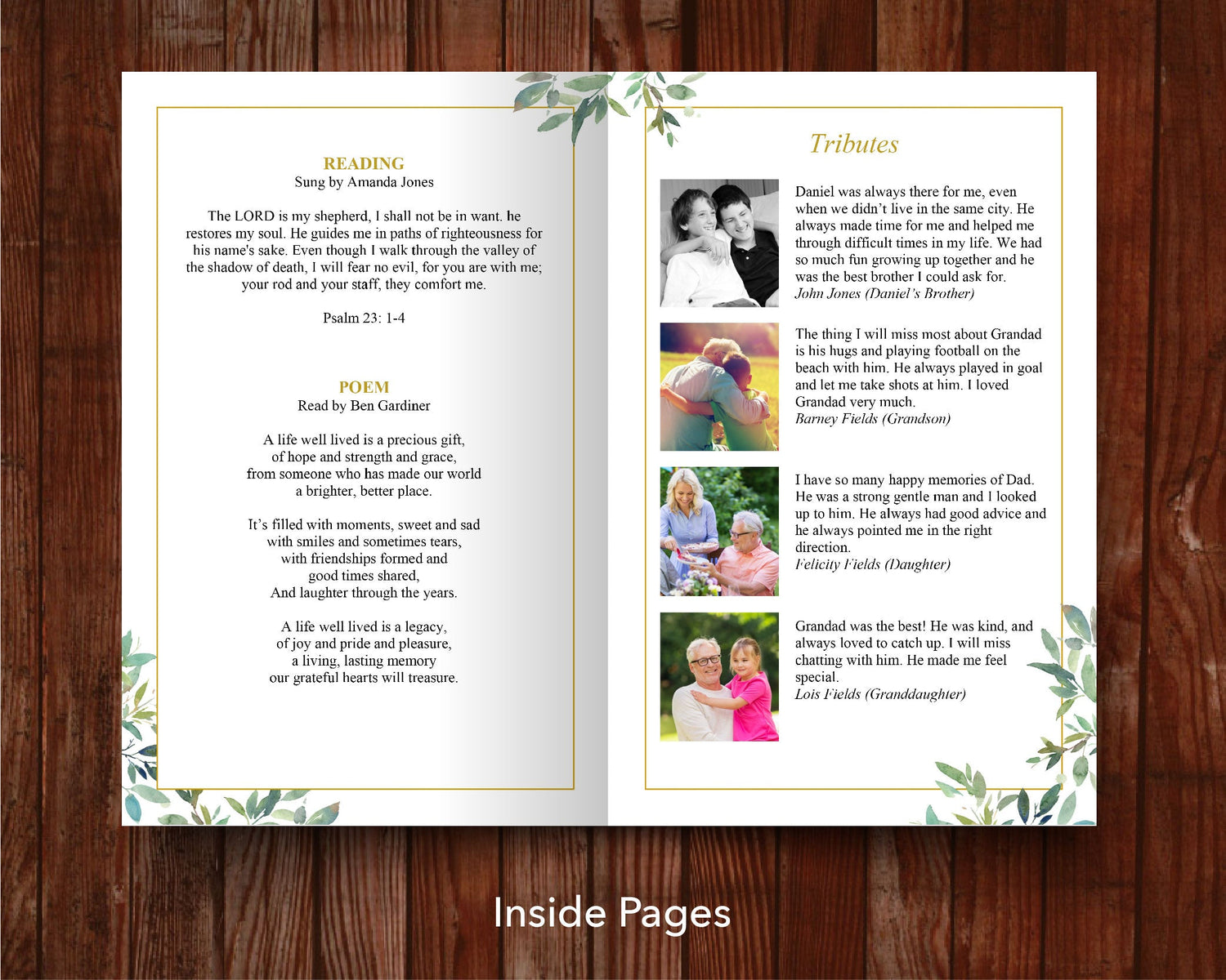 8 Page Green Leaf Funeral Program Template