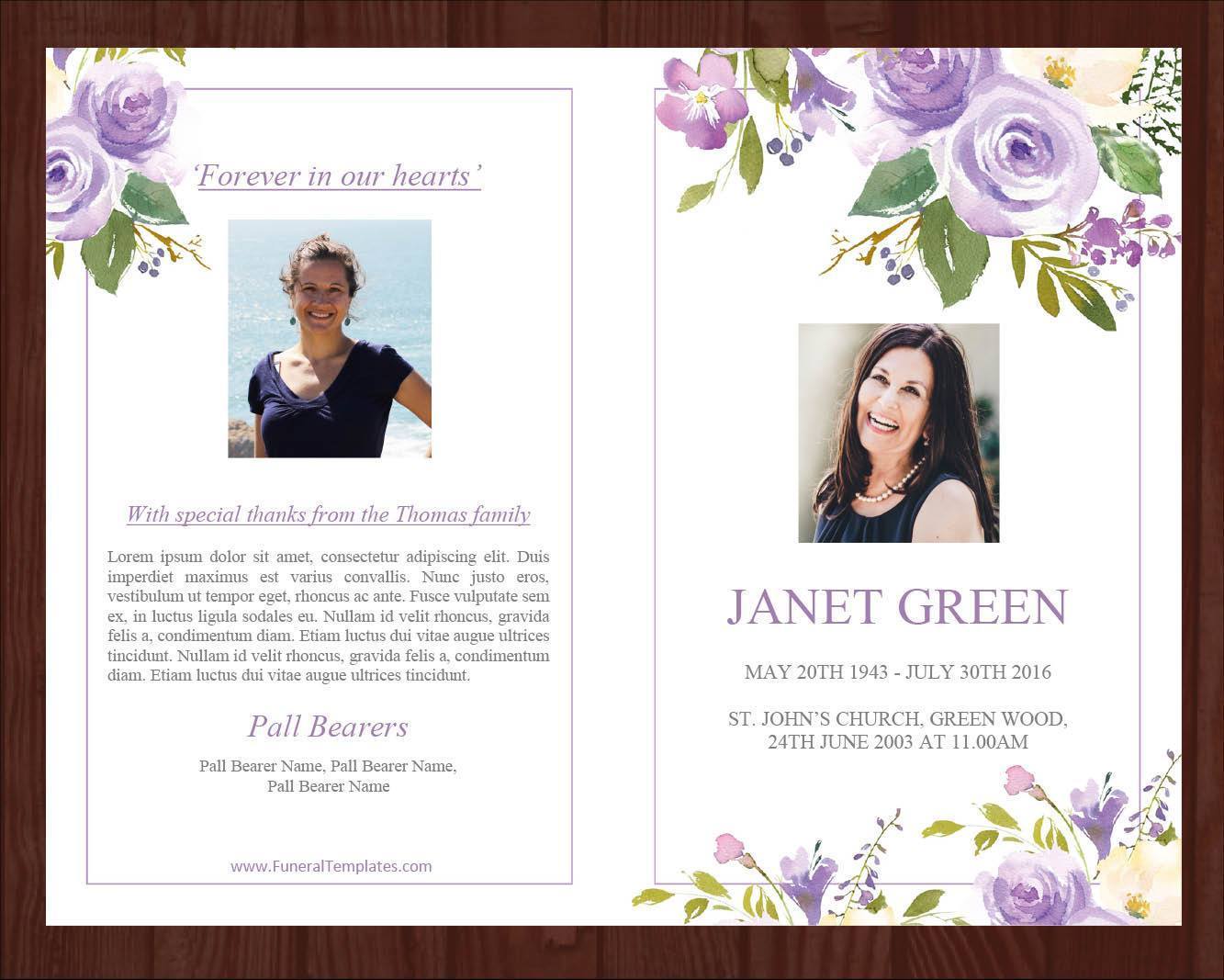8 Page Lilac Bouquet Funeral Program Template + Prayer Card