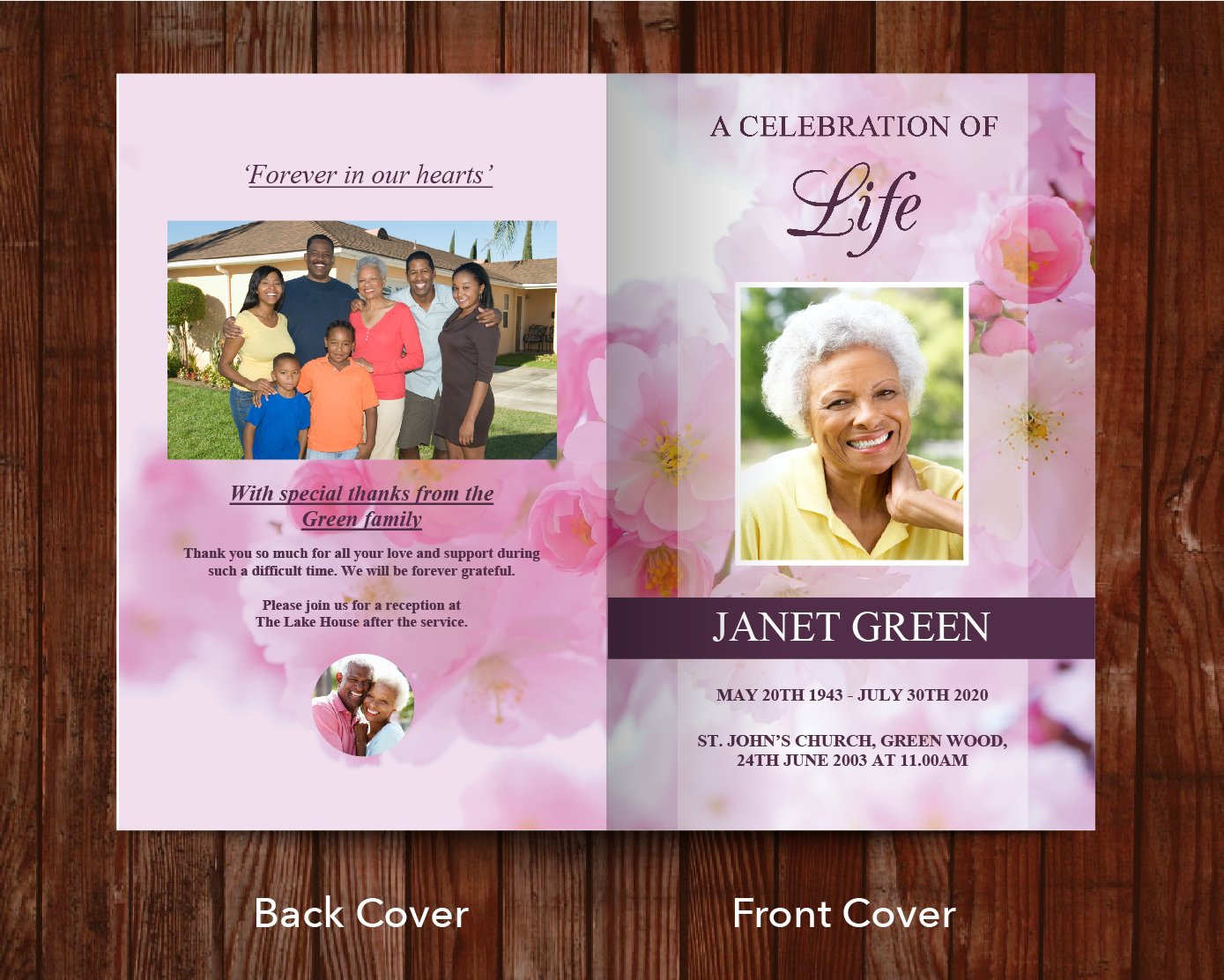 8 Page Pink Blossom Funeral Program Template