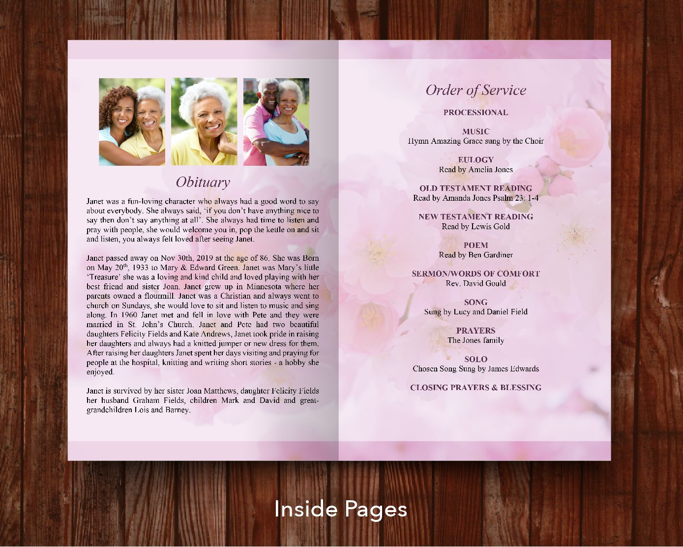 8 Page Pink Blossom Funeral Program Template