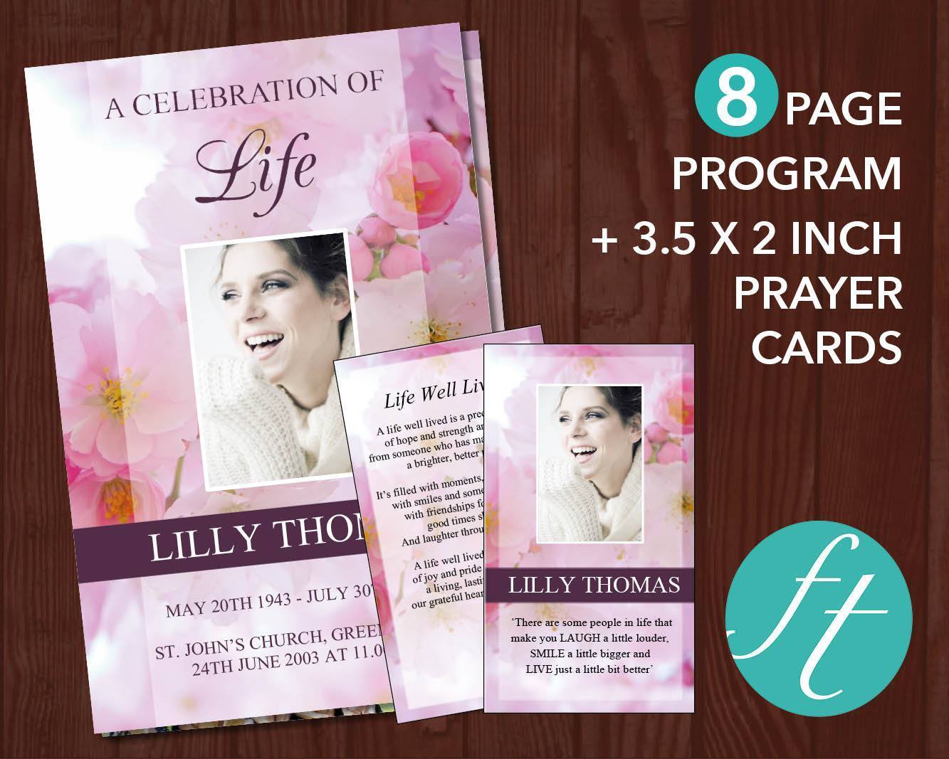 8 Page Pink Blossom Funeral Program Template + Prayer Card